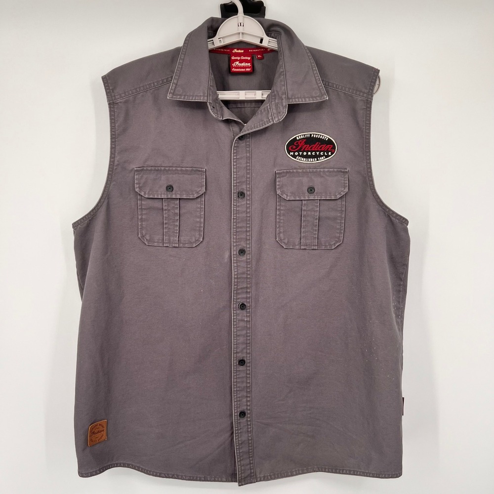 Indian Motorcycle Mens Gray Sleeveless Button Down Shirt Vest XL Biker Graphic